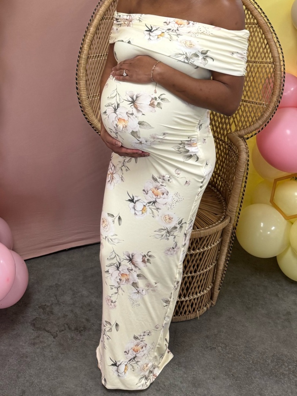 Club L London Cream Floral Off-Shoulder Maternity Maxi Dress